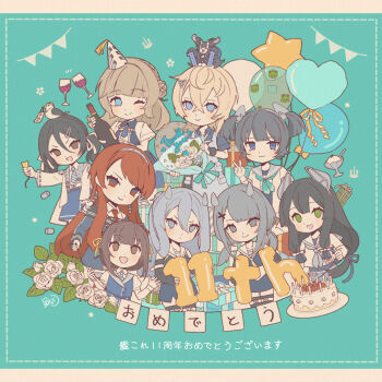 6+girls :3 abyssal_ship alcohol aqua_neckerchief atoll_aircraft_carrier_anchorage_princess balloon birthday_cake black_hair blonde_hair blue_background blue_eyes blue_necktie blue_sailor_collar blue_shirt blue_skirt bottle cake candle chibi collared_shirt cup drinking_glass flower food gift gloves hair_between_eyes hair_ornament hairband hairclip heart_balloon holding holding_balloon holding_bottle holding_party_popper holding_string horns hoshiakari_(c2_kikan) i-201_(kancolle) i-203_(kancolle) i-36_(kancolle) ice_cream inagi_(kancolle) inagi_kai_ni_(kancolle) jacket kantai_collection long_hair medium_hair mini_party_hat multiple_girls neckerchief necktie nevada_(kancolle) nevada_kai_(kancolle) official_art one_eye_closed party_popper ranger_(kancolle) red_eyes red_hair red_necktie rose sailor_collar school_swimsuit shirt short_sleeves signature skirt smile star_balloon string striped_necktie swimsuit tuscaloosa_(kancolle) twintails ukuru_(kancolle) v white_flower white_gloves white_jacket white_necktie white_rose white_sailor_collar white_shirt wine wine_bottle wine_glass