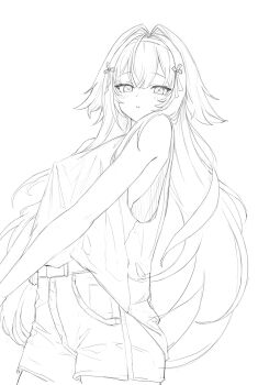 1girl alternate_costume bare_shoulders breasts commentary cowboy_shot ddcc0123 english_commentary greyscale hair_flaps hair_intakes hair_ornament highres large_breasts light_blush lineart long_hair looking_at_viewer monochrome parted_lips shirt shirt_partially_tucked_in shorts simple_background sketch solo white_background ye_shunguang zenless_zone_zero