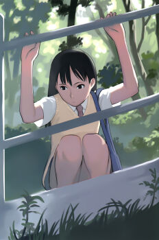 1girl absurdres bag black_eyes black_hair blouse collared_shirt day female_focus frown highres long_hair necktie outdoors plant red_necktie school_uniform shirt shoulder_bag solo sweater sweater_vest takamichi vest white_shirt