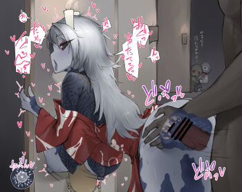 1boy 1girl ass bar_censor black_sclera breasts candle censored chouchin_obake colored_sclera colored_skin commentary_request cowboy_shot cum cum_in_pussy ejaculation fertilization fire flaming_eye grabbing_another&#039;s_ass grey_fire grey_hair grey_skin groping heart hetero highres impregnation internal_cumshot japanese_clothes kimono large_breasts long_hair mag_tro nioh_2 nipples open_mouth ovum penis red_eyes red_kimono sex sex_from_behind solo_focus sperm_cell standing standing_sex traditional_youkai translation_request vaginal yasha_(nioh_2)