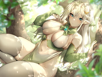 1girl aqua_eyes bare_shoulders braid branch breasts cleavage collar danimaru dappled_sunlight detached_sleeves elbow_gloves elf forest gloves green_eyes green_nails in_tree large_breasts looking_at_viewer nail_polish nature navel original pelvic_curtain pointy_ears sitting sitting_in_tree skindentation solo sunlight thick_thighs thighhighs thighs tree white_hair white_thighhighs