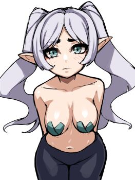1girl alternate_breast_size_(larger) aqua_eyes arms_behind_back black_pants breasts closed_mouth collarbone commentary cowboy_shot cross cross_pasties elf english_commentary frieren grey_hair highres large_breasts long_hair looking_at_viewer oninuer pants parted_bangs pasties pointy_ears simple_background sketch solo sousou_no_frieren straight-on twintails white_background