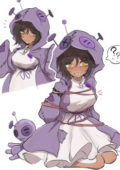 1girl blush bound brown_hair clenched_teeth clothes_pin commentary_request dress highres i'll_go_fer_scissors._how_'bout_you?_(e.g.o) jacket kneeling limbus_company orange_hair outis_(project_moon) patchwork_clothes project_moon purple_jacket short_hair simple_background solo stitches teeth tied_up_(nonsexual) torimodoki_0 white_background white_dress