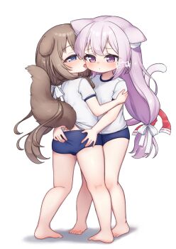 2girls animal_ear_fluff animal_ears ass azur_lane barefoot blue_buruma blue_eyes brown_hair buruma cat_ears cat_girl cat_tail commentary_request commission dog_ears dog_girl dog_tail face-to-face fumizuki_(azur_lane) gym_uniform highres kisaragi_(azur_lane) kodomo_doushi kokone_(coconeeeco) legs licking loli long_hair multiple_girls paid_reward_available pink_hair ribbon shirt skeb_commission tail thighs toes tongue tongue_out white_shirt yuri