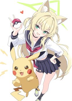 Rule 34 | 1girl, animal ears, blonde hair, blue archive, blue sailor collar, blue skirt, commentary request, fox ears, fox girl, gen 1 pokemon, green eyes, green halo, halo, highres, kamitosayu, kurumi (blue archive), looking at viewer, neckerchief, nintendo, pikachu, poke ball, pokemon, pokemon (creature), red neckerchief, sailor collar, school uniform, serafuku, shirt, simple background, skirt, thighs, v, white background, white shirt