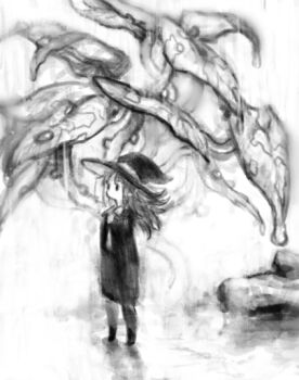 1girl boots commentary_request full_body greyscale hat leaf long_hair long_sleeves looking_ahead mini_person minigirl monochrome original plant pon_(tab_rasa) rain robe solo standing taking_shelter water_drop witch_hat
