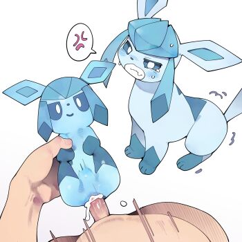 1boy 1girl absurdres anger_vein artificial_vagina clenched_teeth cum gen_4_pokemon glaceon highres holding holding_pokemon jealous male_masturbation masturbation nintendo penis pokemon pokemon_(creature) pov pov_crotch sex_toy simple_background speech_bubble spoken_anger_vein teeth white_background youjo_modoki