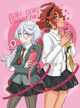 Rule 34 | 2girls, absurdres, artist name, black hairband, black pantyhose, black skirt, blush, closed mouth, collared shirt, commentary request, gift, grey eyes, grey hair, gundam, gundam suisei no majo, gundam suisei no majo: seishun frontier, hairband, heart, heart of string, highres, holding, holding gift, jacket, long hair, miorine rembran, multiple girls, neckerchief, necktie, otsunami, pantyhose, pink background, plaid clothes, plaid skirt, pleated skirt, ponytail, red hair, red necktie, shirt, skirt, speech bubble, spoken heart, suletta mercury, thick eyebrows, valentine, white jacket, white shirt, yellow neckerchief, yuri