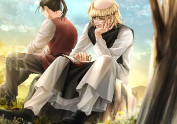 Rule 34 | 2boys, artist logo, badeni, belt, black belt, black hair, black pants, black shoes, black tabard, blonde hair, chi.: chikyuu no undou ni tsuite, eyepatch, full body, hand on own face, highres, holding, holding magnifying glass, iorbtyn, jacket, logo, magnifying glass, male focus, medium hair, multiple boys, oczy, open mouth, outdoors, pants, ponytail, red jacket, scar, scar on face, scar on lip, scar on mouth, scar on nose, shirt, shoes, sitting, sky, tabard, tonsure, white shirt