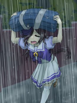 1girl =_= arms_up bag bag_over_head bare_arms blue_bag blue_bow blue_bowtie blue_flower blue_rose blue_serafuku bow bowtie brown_hair brown_shoes commentary_request crying flower furrowed_brow hair_over_one_eye hat hat_flower highres holding holding_bag horse_girl horse_tail horseshoe_ornament long_bangs long_hair mini_hat open_mouth pleated_skirt puffy_short_sleeves puffy_sleeves rain rice_shower_(umamusume) rose running sad sailor_collar sasori_(osakana_01417) school_bag school_uniform serafuku shoes short_sleeves sidelocks skirt solo streaming_tears tail tears thighhighs tilted_headwear tracen_school_uniform umamusume very_long_hair wet wet_hair white_sailor_collar white_skirt white_thighhighs zettai_ryouiki