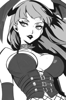 1girl 2025 alternate_costume arms_at_sides belt belt_buckle belt_collar breasts buckle capcom cleavage collar commentary corset darkstalkers demon_girl elbow_gloves english_commentary eyeshadow female_focus fishnets floating_hair gloves head_wings highres inktober large_breasts lipstick long_hair looking_to_the_side makeup monochrome morrigan_aensland shirt simple_background sleeveless sleeveless_shirt solo spaghetti_strap straight_hair upper_body white_background windriftdraws wings