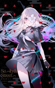 1girl 2024 arms_at_sides artist_name belt belt_buckle black_background black_gloves black_pantyhose black_sailor_collar black_serafuku black_skirt blonde_hair braid breasts buckle choker collarbone comiket_104 commentary_request fingerless_gloves fishnet_sleeves fishnets flower flower_over_eye gloves highres holding holding_sword holding_weapon katana long_hair looking_at_viewer medium_breasts miwano_rag neckerchief original pantyhose parted_lips pleated_skirt purple_eyes sailor_collar school_uniform serafuku short_sleeves single_leg_pantyhose skeleton skirt solo sword weapon white_belt white_flower white_neckerchief