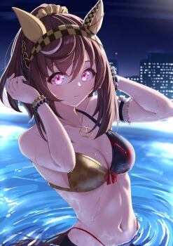 1girl absurdres alternate_costume animal_ears bikini braid breasts brown_hair buena_vista_(umamusume) building cleavage closed_mouth collarbone commentary_request hairband highres horse_ears horse_tail jewelry medium_breasts medium_hair moyashi_toufu navel necklace night partially_submerged pool purple_eyes sky smile solo swimsuit tail umamusume wet