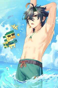 Rule 34 | 1boy, absurdres, ajaw (genshin impact), armpits, arms up, beach, black hair, blonde hair, chest tattoo, genshin impact, green eyes, green hair, green male swimwear, hair between eyes, haya pik, highres, kinich (genshin impact), male focus, male swimwear, multicolored hair, navel, neck tattoo, ocean, open mouth, solo, stomach, streaked hair, tattoo, topless male, water