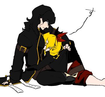 1boy 1girl anger_vein between_pecs between_pectorals black_coat black_hair black_shirt blonde_hair breasts closed_eyes coat colored_eyelashes etrian_odyssey fingerless_gloves fortress_(sekaiju) fortress_2_(sekaiju) gloves head_between_pecs height_difference hetero highres hug long_hair long_sleeves night_seeker_(sekaiju) night_seeker_3_(sekaiju) omusubi5498 pectorals petite sekaiju_no_meikyuu sekaiju_no_meikyuu_4 shirt sitting small_breasts twintails