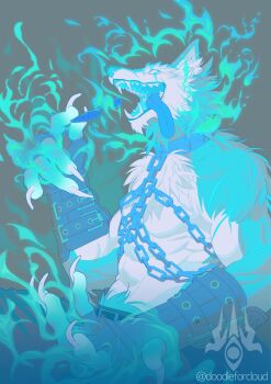 1boy abs animal_ears artist_logo artist_name bara blue_fire chain claws commentary commission dislyte doodleforcloud english_commentary fangs fingerless_gloves fire freddy_(dark_wolf)_(fenrir)_(dislyte) furry furry_male gloves grey_background highres holding holding_removed_eyewear logo looking_at_viewer male_focus muscular muscular_male official_alternate_costume open_mouth pectorals scar scar_across_eye scar_on_face tongue tongue_out topless_male unworn_eyewear wolf_boy wolf_ears
