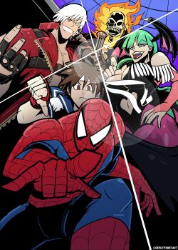 Rule 34 | 1girl, belt bra, black leotard, breasts, bridal gauntlets, capcom, cleavage, clothing cutout, coat, dante (devil may cry), darkstalkers, demon girl, deputy rust, devil may cry, devil may cry (series), devil may cry 3, fingerless gloves, fire, fourth wall, fur-trimmed leotard, fur trim, ghost rider, gloves, green hair, head wings, headband, heart cutout, highres, kasugano sakura, large breasts, leotard, long hair, marvel, marvel super heroes vs. street fighter, marvel vs. capcom, marvel vs. capcom 2, marvel vs. capcom 3, morrigan aensland, pantyhose, purple pantyhose, rebellion (sword), red coat, school uniform, spider-man, spider-man (series), street fighter, street fighter iv (series), street fighter zero (series), superhero costume, white hair, wings