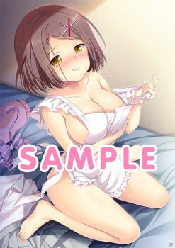 1girl apron apron_pull arm_under_breasts barefoot blush breasts brown_hair cleavage closed_mouth clothes_pull collarbone curvy frilled_apron frills full_body furrowed_brow hair_ornament indoors izumi_konatsu jpeg_artifacts large_breasts looking_at_viewer medium_hair naked_apron nose_blush official_art on_bed parted_bangs pulling_own_clothes ren&#039;ai_karichaimashita sample_watermark seductive_smile sitting smile solo straight_hair thighs wariza watermark white_apron x_hair_ornament yellow_eyes yuunagi_seshina