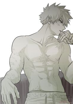 Rule 34 | 2boys, abs, bakugou katsuki, boku no hero academia, commentary, cowboy shot, drawstring, facial scar, highres, holding another's wrist, kiss, kissing hand, looking to the side, male focus, midoriya izuku, multiple boys, multiple scars, navel, nipples, oroshi mi, out of frame, pants, parted bangs, parted lips, pectorals, scar, scar on arm, scar on cheek, scar on chest, scar on face, scar on hand, scar on shoulder, short hair, simple background, solo focus, spiked hair, sweatpants, symbol-only commentary, toned, toned male, topless male, white background, yaoi