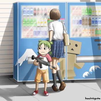 2girls airsoft artist_name ayase_fuuka bag black_eyes black_socks blue_skirt brown_hair danboo finger_on_trigger from_behind frown full_body green_hair hendraibyouka highres holding holding_weapon koiwai_yotsuba loafers looking_to_the_side multiple_girls photo-referenced pleated_skirt quad_tails raglan_sleeves red_shirt red_shoes school_uniform shirt shoes short_hair short_sleeves shorts shoulder_bag skirt socks standing two-tone_shirt v-shaped_eyebrows vending_machine weapon white_shirt yellow_shorts yotsubato!