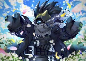 black_hair black_jacket commentary_request exhaust_pipe field flower flower_field highres jacket kirby_(series) kirby_air_ride kirby_air_riders nintendo noir_dedede outstretched_arms petals solo tokiruki_akiru torn_clothes torn_jacket