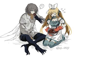 1boy 1girl ahoge artoria_caster_(fate) artoria_caster_(swimsuit_berserker)_(second_ascension)_(fate) artoria_pendragon_(fate) bare_shoulders black_pants blanca_(fate) blonde_hair blue_dress blue_eyes blue_thighhighs breasts bug chocolate crying dragonfly_wings dress fate/grand_order fate_(series) grey_hair insect long_hair long_sleeves mixing_bowl moth oberon_(fate) oberon_(third_ascension)_(fate) pants puffy_short_sleeves puffy_sleeves shirt short_sleeves sitting skirt small_breasts ss_un17 thighhighs twintails white_shirt white_skirt