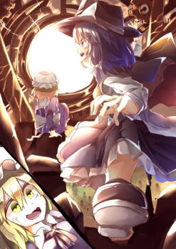 2girls black_capelet black_eyes black_hair black_hat black_shoes black_skirt blonde_hair bow bowtie breasts capelet collar commentary cramped crying crying_with_eyes_open dress frills hair_between_eyes hair_bow hat hat_bow indoors large_bow long_dress long_sleeves machinery maribel_hearn mob_cap multiple_girls muraryo open_mouth purple_dress red_bow red_bowtie sash shirt shoes short_hair sitting skirt sleeve_cuffs tears touhou trapped usami_renko white_bow white_collar white_hat white_sash white_shirt yellow_eyes