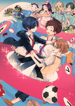 1girl 5boys absurdres akutsu_mabu azuma_sara bag ball bandana black_hair blonde_hair blue_hair box brown_hair brown_sweater_vest cardboard_box cat cellphone closed_eyes collarbone commentary_request dual_persona freckles friendship_bracelet glasses hair_over_one_eye happy highres holding_hands japanese_clothes jinnai_enta kappa keppi kimono kuji_toi long_hair momomo_(momomo0712) multiple_boys necktie niiboshi_reo nyantaro_(sarazanmai) open_mouth otter parted_lips phone police police_uniform purple_hair red_necktie sarazanmai satchel school_uniform shirt short_hair smartphone smile soccer_ball sweater_vest translation_request very_long_hair waves white_kimono white_shirt yasaka_kazuki