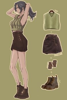 Rule 34 | 1girl, almightybuttcheeks, armpits, black hair, bleach, bleach: epilogue, boots, breasts, brown boots, brown skirt, commentary, denim, denim skirt, english commentary, from side, full body, green sweater vest, hands in own hair, highres, kurosaki kazui, medium breasts, miniskirt, ponytail, skirt, solo, sweater vest, tying hair