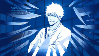 Rule 34 | 1boy, artist name, black sclera, bleach, blue skin, colored sclera, colored skin, commentary, crossed arms, english commentary, grin, highres, hollow ichigo, male focus, smile, smug, solo, sword, tensa zangetsu (bankai), umbra (edits umbra), upper body, v-shaped eyebrows, wabisuke (shikai), watermark, weapon, white hair, yellow eyes, zabimaru (shikai)