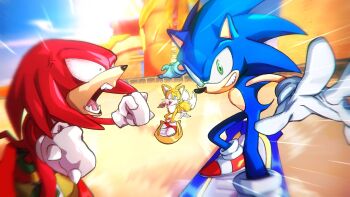 Rule 34 | 3boys, anger vein, clenched hands, green eyes, highres, hoverboard, knuckles the echidna, male focus, motion lines, multiple boys, open mouth, reksarts, shouting, smirk, sonic (series), sonic racing: crossworlds, sonic riders (series), sonic the hedgehog, speed lines, tails (sonic)