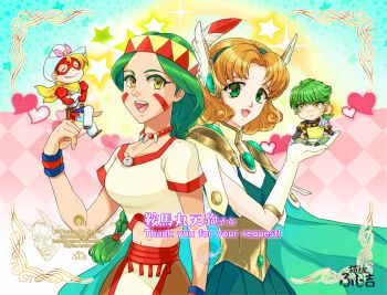 2boys 2girls :d ace_(tengai_makyou) armor back-to-back bead_necklace beads braid brown_hair cape checkered_background chibi closed_eyes colorful_background commentary_request commission cowboy cowboy_hat cowboy_shot crossed_arms crossover dress facial_tattoo feathers ferio_(rayearth) fujiyo_shiya gloves green_cape green_dress green_eyes green_hair green_hairband grin hairband hat headdress heart holding_chibi hououji_fuu indian_style jewelry long_hair looking_at_viewer magic_knight_rayearth multiple_boys multiple_girls native_american_clothes native_american_headdress necklace open_mouth red_mask shirt short_hair shoulder_armor signature single_braid sitting skeb_commission smile standing star_(symbol) tattoo tengai_makyou tengai_makyou_daiyon_no_mokushiroku thank_you watermark western white_gloves white_hat white_shirt wrist_cuffs yellow_eyes youno_(tengai_makyou)