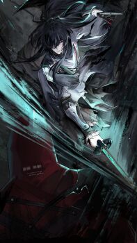 1boy 1other absurdres arm_armor black_hair cloak closed_mouth commentary copyright_notice english_commentary fractsidus_(wuthering_waves) green_ribbon grey_eyes hair_ribbon highres holding holding_sword holding_weapon katana logo long_hair male_focus official_art qiuyuan_(wuthering_waves) ribbon secretfj520 slashing sword weapon white_cloak wuthering_waves