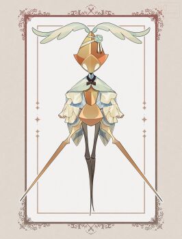 1other absurdres arthropod_limbs black_skin blank_eyes cloak colored_skin dual_wielding flower flower_on_head full_body highres holding hollow_knight hollow_knight:_silksong humanoid_robot kujiramaru long_sleeves no_humans other_focus robot second_sentinel_(hollow_knight) simple_background white_background white_cloak white_eyes