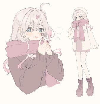 Rule 34 | 1girl, :d, alternate costume, beret, blonde hair, blue eyes, blush, boots, bow, breath, brown boots, brown sweater, coat, commentary, ear piercing, earrings, facial mark, gradient hair, hair between eyes, hair ornament, hat, heart, heart earrings, heart facial mark, heart hair ornament, highres, ima (kon kon 5), jewelry, kedarui aashii, kimi no koto ga dai dai dai dai daisuki na 100-nin no kanojo, long hair, long sleeves, looking at viewer, mark under eye, multicolored hair, multiple views, nail polish, one side up, open mouth, piercing, pink hair, pink nails, red scarf, scarf, scarf bow, simple background, smile, steepled fingers, sweater, thighhighs, white background, white coat, white hat, white thighhighs, winter clothes, zettai ryouiki