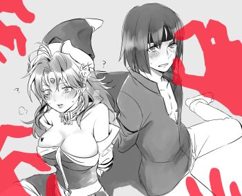 1boy 1girl ashton_anchors bare_shoulders breast_tattoo breasts celine_jules cleavage commentary_request disembodied_hand dress earrings elbow_gloves facial_mark forehead_mark gloves greyscale hat highres jewelry lips long_hair looking_at_viewer mayashtale monochrome star_ocean star_ocean:_the_second_story tattoo witch_hat