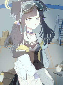 1girl absurdres animal_ears black_hair blue_archive blue_eyes commentary_request dog_ears dog_girl goggles goggles_on_head halo hibiki_(blue_archive) highres lavoisi_e long_hair looking_at_viewer solo yellow_halo