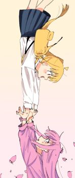 2girls bag blonde_hair blue_skirt bocchi_the_rock! d3g_takahashi gotoh_hitori highres ijichi_nijika long_hair long_sleeves multiple_girls open_mouth outstretched_arms petals pink_background pink_hair profile school_uniform serafuku skirt very_long_hair