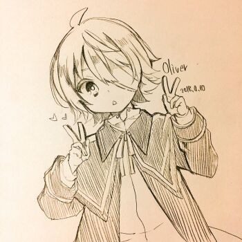 1boy :o aoi_choko_(aoichoco) bad_id bad_twitter_id bandages bandage_over_one_eye coat dated double_v heart highres looking_at_viewer male_focus monochrome oliver_(vocaloid) sailor_collar shorts sketch traditional_media triangle_mouth v vocaloid