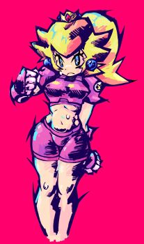 Rule 34 | 1girl, absurdres, armor, belly, black outline, blonde hair, blue eyes, breastplate, breasts, chest armor, chest plate, clenched hands, closed mouth, crop top, crown, crown (symbol), earrings, eyelashes, feet out of frame, frown, gauntlets, hand up, highres, jewelry, jublee, legs together, mario (series), mario strikers (series), mario strikers charged, medium breasts, medium hair, midriff, navel, nintendo, outline, pink shirt, pink shorts, ponytail, princess peach, shirt, short sleeves, shorts, shoulder armor, solo, sweat, teeth, thigh gap, turtleneck, twitter username, upper teeth only, white background