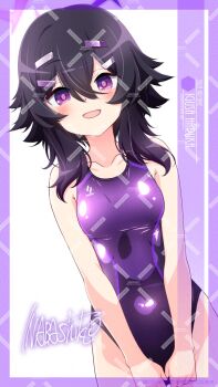 1girl adversarial_noise artist_name black_eyes blue_archive breasts character_name commentary_request competition_swimsuit covered_navel cowboy_shot dutch_angle hair_between_eyes halo haruka_(blue_archive) highres inaba_shiki looking_at_viewer medium_breasts one-piece_swimsuit purple_eyes purple_halo purple_one-piece_swimsuit signature small_breasts solo standing swimsuit watermark watermark_grid