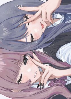 2girls absurdres black_eyes black_nails blue_hair blue_necktie blunt_bangs blush closed_eyes commentary dot_nose dress_shirt earrings fingernails hamafugu highres jewelry long_fingernails long_hair long_sleeves looking_at_viewer multiple_girls nail_art nail_polish neckerchief necktie one_eye_closed open_mouth original purple_hair school_uniform shirt sidelocks simple_background striped_necktie sweater_vest swept_bangs symbol-only_commentary teeth tongue tongue_out upper_body v white_background white_shirt