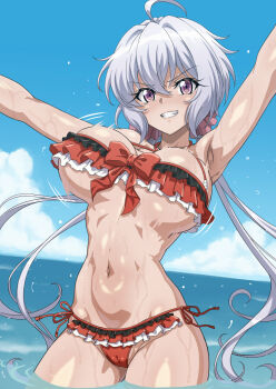 1girl ahoge armpits arms_up bikini blue_sky blush bouncing_breasts breasts cameltoe day dolphin_wave frilled_bikini frills grey_hair grin highres large_breasts long_hair looking_at_viewer low_twintails navel ocean official_alternate_costume purple_eyes red_bikini scrunchie senki_zesshou_symphogear shiny_skin sky smile solo standing swimsuit syunzou teeth twintails very_long_hair wading water wet yukine_chris