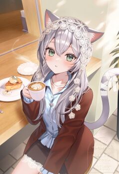 1girl :o animal_ear_fluff animal_ears black_skirt brown_jacket cat_ears cat_girl cat_tail coffee commentary counter cowboy_shot cup double-parted_bangs food from_above green_eyes grey_hair heart_pendant highres holding holding_cup indoors jacket jewelry latte_art layered_sleeves long_hair long_sleeves looking_up miniskirt momoshiki_tsubaki necklace open_clothes open_jacket original parted_lips pearl_necklace pie pie_slice plate shirt sitting skirt solo steam steaming_cup symbol-only_commentary tail teacup tile_floor tiles unbuttoned watermark white_shirt