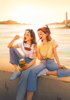 2girls absurdres blue_pants brown_hair closed_eyes cup day eating eyewear_on_head food half_updo hand_on_own_thigh highres holding holding_cup holding_spoon ice_cream ice_cream_cup instagram_username knee_up lens_flare lighthouse long_hair medium_hair multiple_girls no_socks ocean on_wall original outdoors pants peijinyang polka_dot polka_dot_shirt scrunchie sharing_food shirt shoes sitting sky spoon stone_wall sunglasses teeth tied_shirt upper_teeth_only utensil_in_mouth white_scrunchie white_shirt white_shoes yellow_shirt yellow_sky