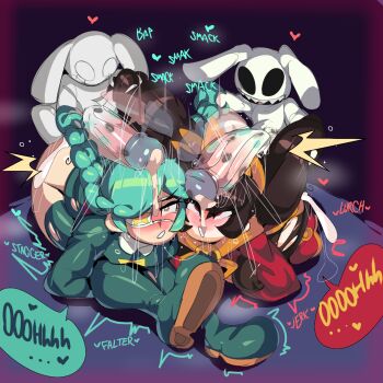 2boys 2girls after_fellatio aftersex all_fours ashley_(warioware) ass bad_baraag_id bad_id black_hair black_pantyhose blush boots bottomless bra braid breasts captain_kirb clothes_lift covered_erect_nipples crossover cum cum_on_ass cum_on_body cumdrip dress dress_lift eyepatch full_body grabbing_another&#039;s_hair green_boots green_hair green_shirt hair_held_back highres holding_another&#039;s_hair huge_ass kyojiri_loli large_penis lipstick_mark lipstick_mark_on_penis loli long_hair moaning multiple_boys multiple_girls neckerchief nintendo open_mouth orange_neckerchief pantyhose penis petite purple_background red_dress red_eyes red_shoes rolling_eyes shirt shoes simple_background sitting skullgirls small_breasts speech_bubble thigh_boots torn_clothes torn_pantyhose twin_braids twintails uncensored underwear variant_set warioware yellow_eyes