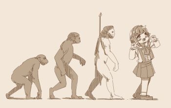 1boy 1girl :d animal blush_stickers brown_background center_frills collared_shirt evolution frills hair_flaps hair_intakes hair_ornament hairclip hands_up highres idolmaster idolmaster_cinderella_girls koshimizu_sachiko loafers long_sleeves monkey monochrome open_mouth pleated_skirt polearm puffy_long_sleeves puffy_sleeves shadow shirt shoes simple_background skirt sleeves_past_wrists smile socks spear suspender_skirt suspenders weapon yukie_(kusaka_shi)