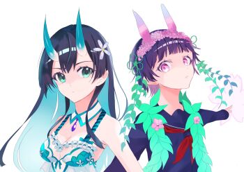 2girls alternate_eye_color black_hair blue_eyes blue_hair blue_horns blue_sailor_collar blue_shirt blunt_bangs breasts cleavage closed_mouth colored_inner_hair commentary_request detached_collar flower guuqualia hair_flower hair_ornament head_wreath highres horns long_hair looking_at_viewer medium_breasts multicolored_hair multicolored_horns multiple_girls neckerchief oni pink_eyes ragnador red_neckerchief sailor_collar sakugawa_school_uniform saten_ruiko scene_reference school_uniform shirt short_hair skin-covered_horns toaru_kagaku_no_railgun toaru_majutsu_no_index uiharu_kazari upper_body white_background winter_uniform