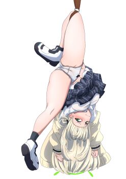 1girl absurdres black_socks blonde_hair blue_archive breasts cardigan commission green_eyes green_halo grey_skirt hair_bun halo hanging highres kirisame0729 large_breasts long_hair long_sleeves looking_at_viewer miniskirt nonomi_(blue_archive) panties pixiv_commission plaid_clothes plaid_skirt pleated_skirt shirt simple_background single_side_bun skirt socks solo underwear upside-down very_long_hair white_background white_panties white_shirt yellow_cardigan