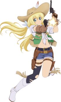 Rule 34 | 1girl, artist request, belt, black belt, black thighhighs, blonde hair, blue eyes, blue shorts, boots, closed mouth, colette brunel, cowboy hat, firing, full body, game cg, gun, hair ornament, hat, highres, holding, holding gun, holding weapon, holster, long hair, looking at viewer, navel, official art, shorts, smile, solo, tales of (series), tales of asteria, tales of symphonia, thighhighs, third-party source, torn clothes, torn thighhighs, transparent background, weapon, white boots